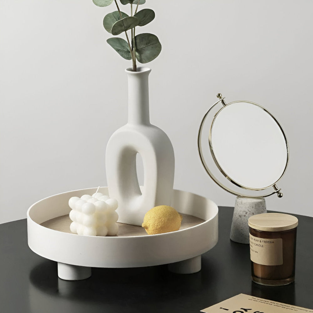 Rundliches Serving Tray - Dekoratives Tablett aus Holz - Weißes Tablett aus Keramik