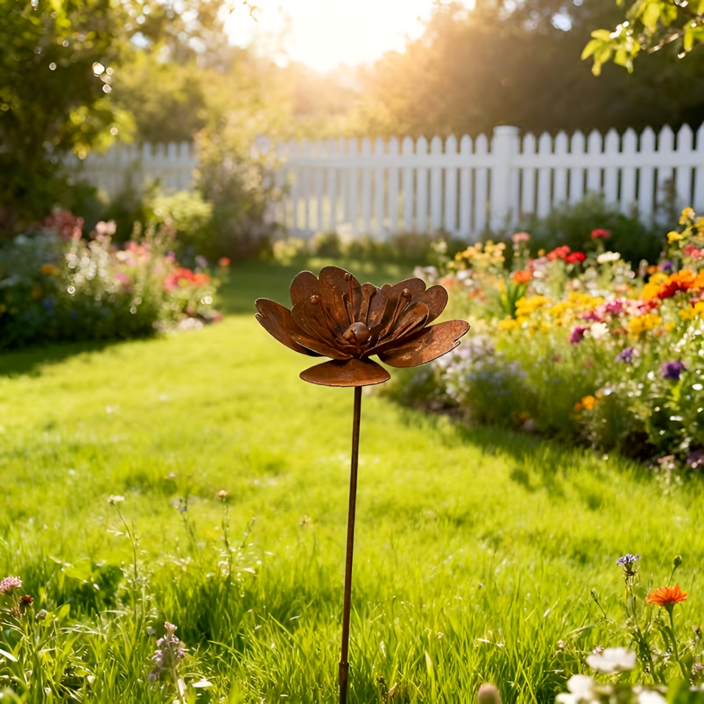 Rustikaler Gartenstecker - Hochwertiger Rost Metall Blume mit Teelicht für Garten Dekor