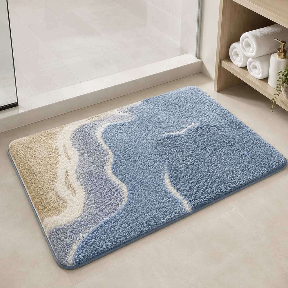 Rutschfeste Badematte Saugfähig – Flauschiger Badteppich im Strand Wellen Design für Badezimmer