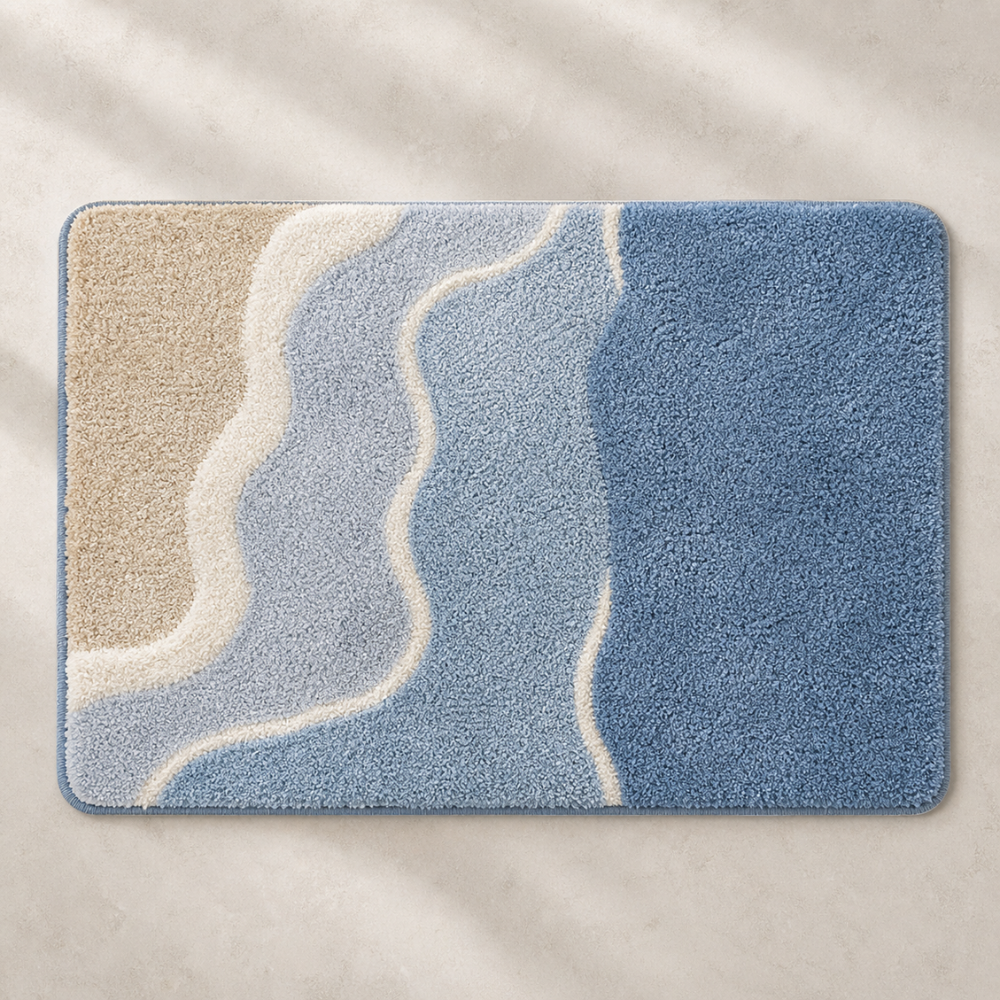 Rutschfeste Badematte Saugfähig – Flauschiger Badteppich im Strand Wellen Design für Badezimmer
