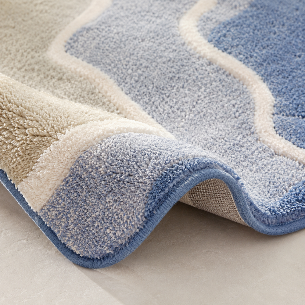 Rutschfeste Badematte Saugfähig – Flauschiger Badteppich im Strand Wellen Design für Badezimmer