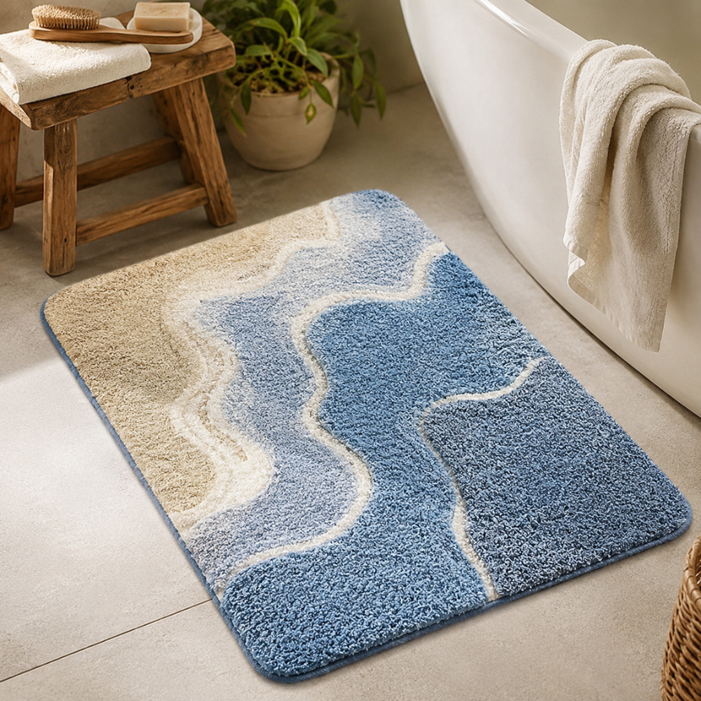 Rutschfeste Badematte Saugfähig – Flauschiger Badteppich im Strand Wellen Design für Badezimmer