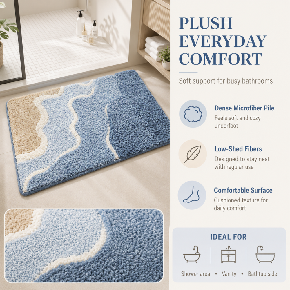 Rutschfeste Badematte Saugfähig – Flauschiger Badteppich im Strand Wellen Design für Badezimmer