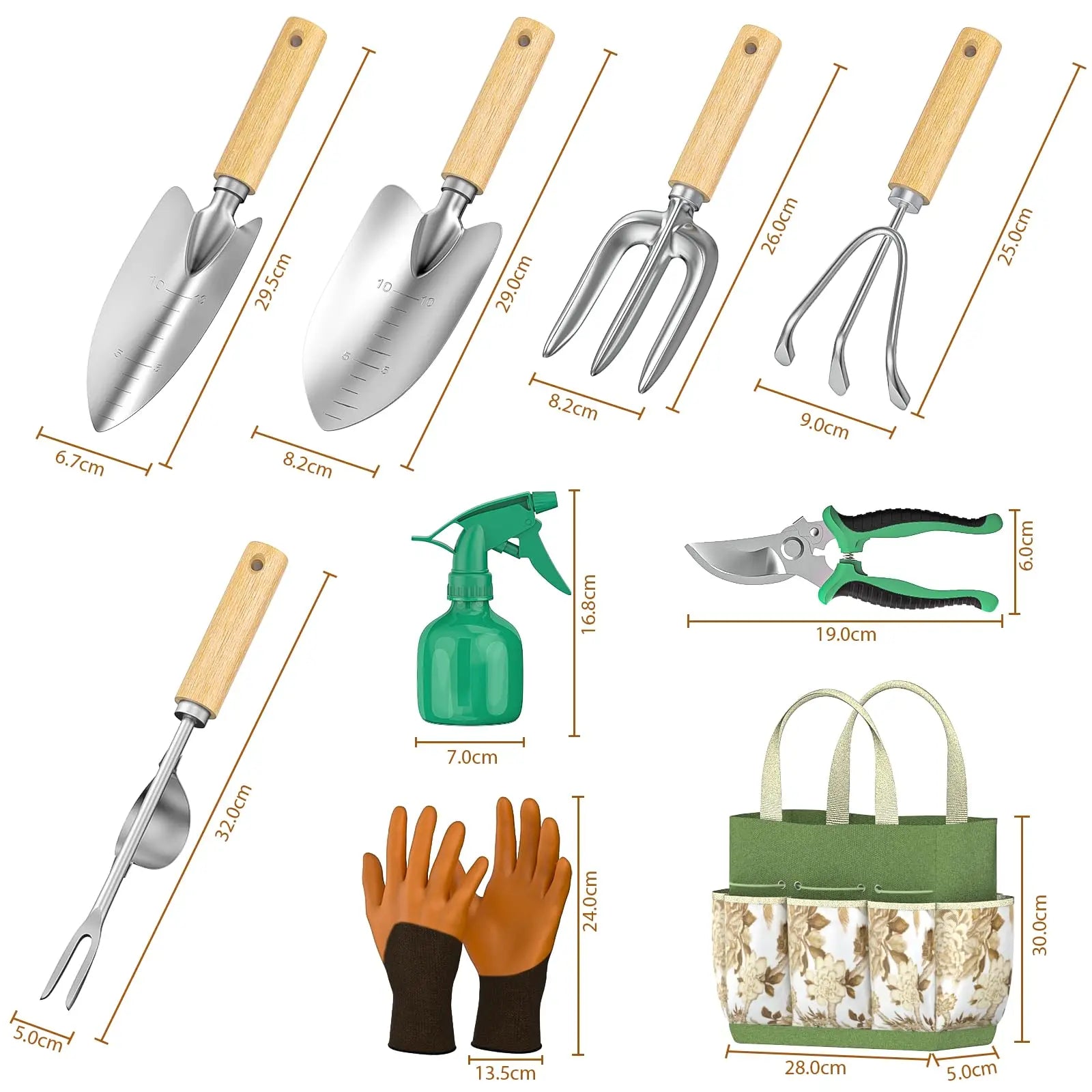 Gartenwerkzeug Set 9-teilig – Edelstahl Handwerkzeug mit Holzgriff, Tasche, Handschuhen & Sprühflasche für Gartenarbeit