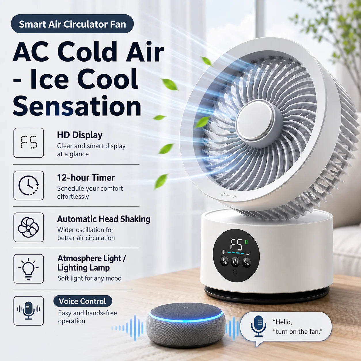 Tragbarer USB Wandventilator mit Akku Fernbedienung Sprachsteuerung 3 Geschwindigkeiten Nachtlicht ABS