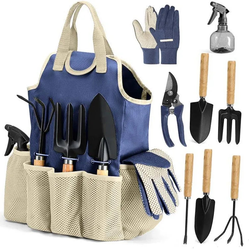 Gartenwerkzeug Set 9-teilig – Garten Handwerkzeug mit Tasche, Handschuhen & Sprühflasche für Pflanzenpflege