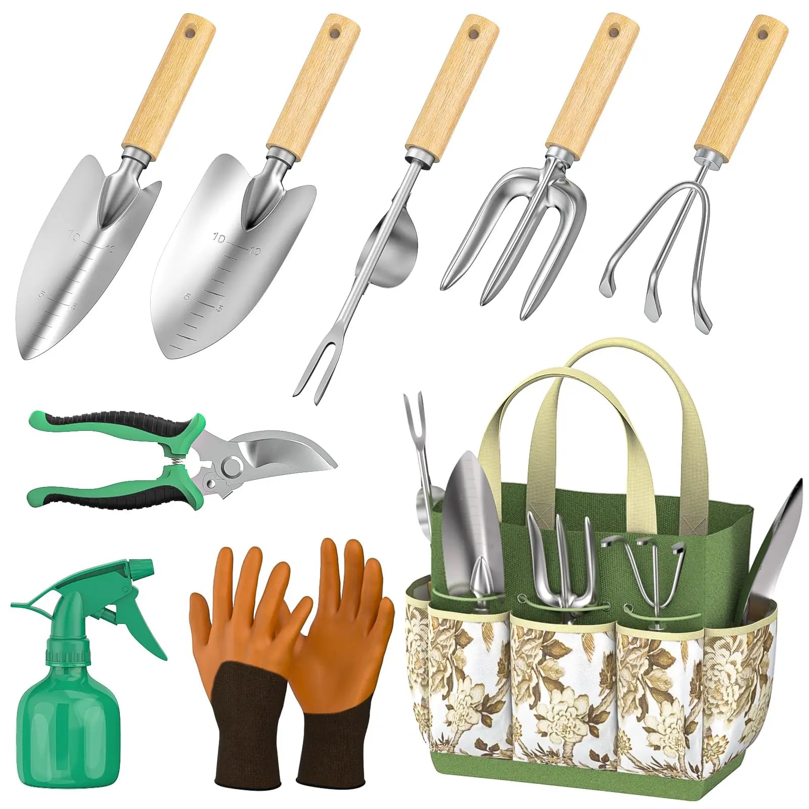 Gartenwerkzeug Set 9-teilig – Edelstahl Handwerkzeug mit Holzgriff, Tasche, Handschuhen & Sprühflasche für Gartenarbeit