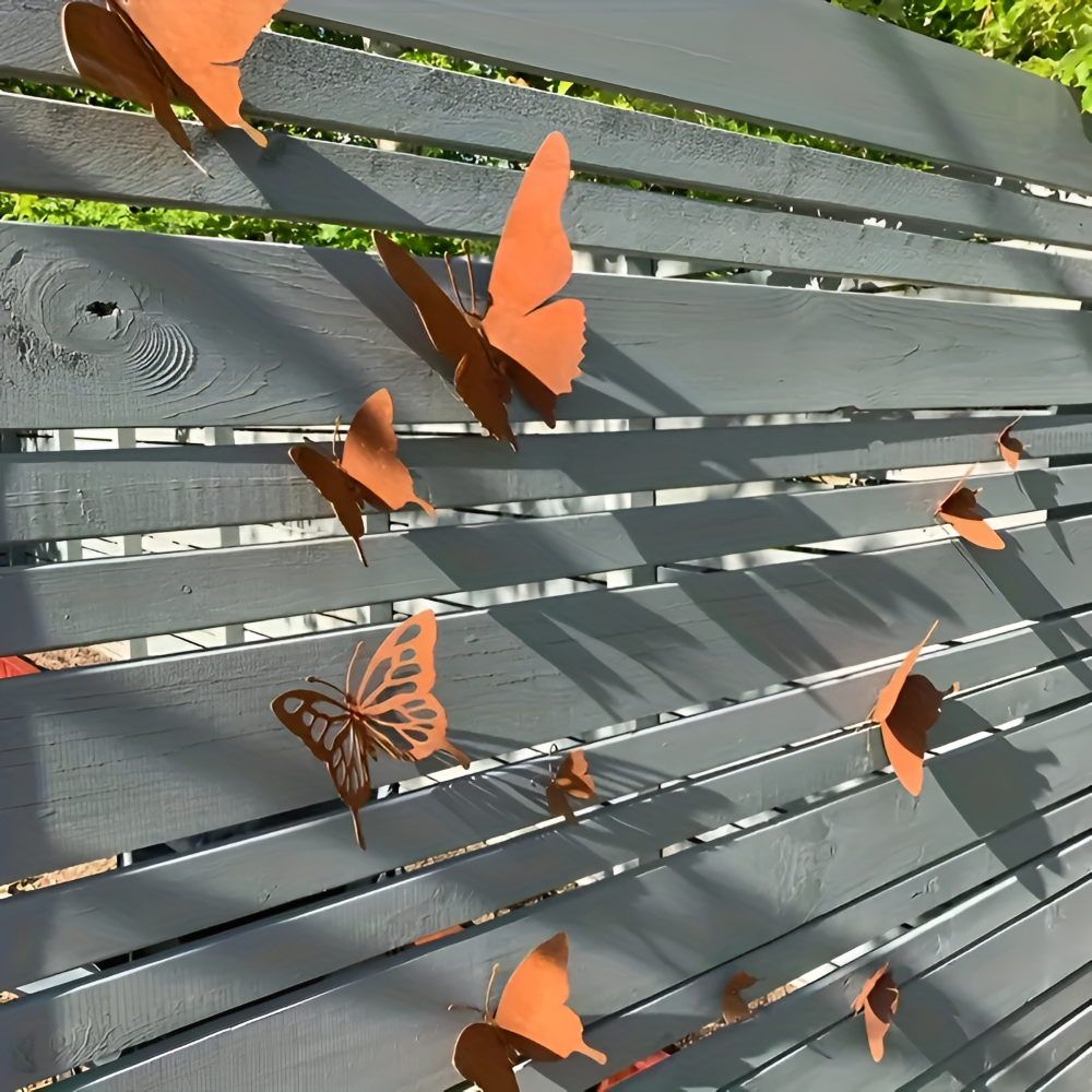 Schmetterling Wanddekoration aus Metall (12 Stk.) – Rost-Optik Gartenfigur für Zaun & Wand