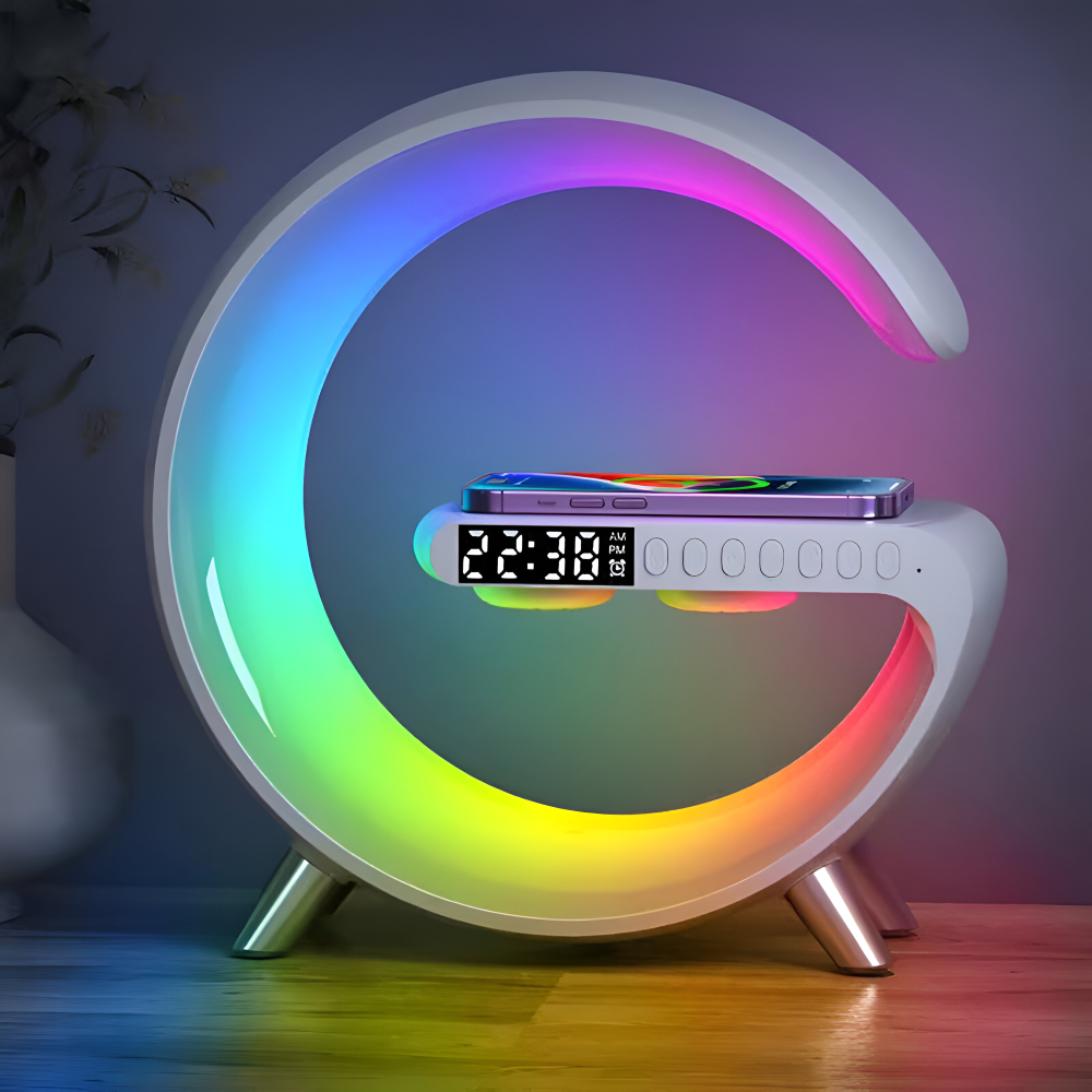 SmartiShine - Stylisches G-förmiges Nachtlicht - Multifunktionale Kabellose Ladestation mit Uhr