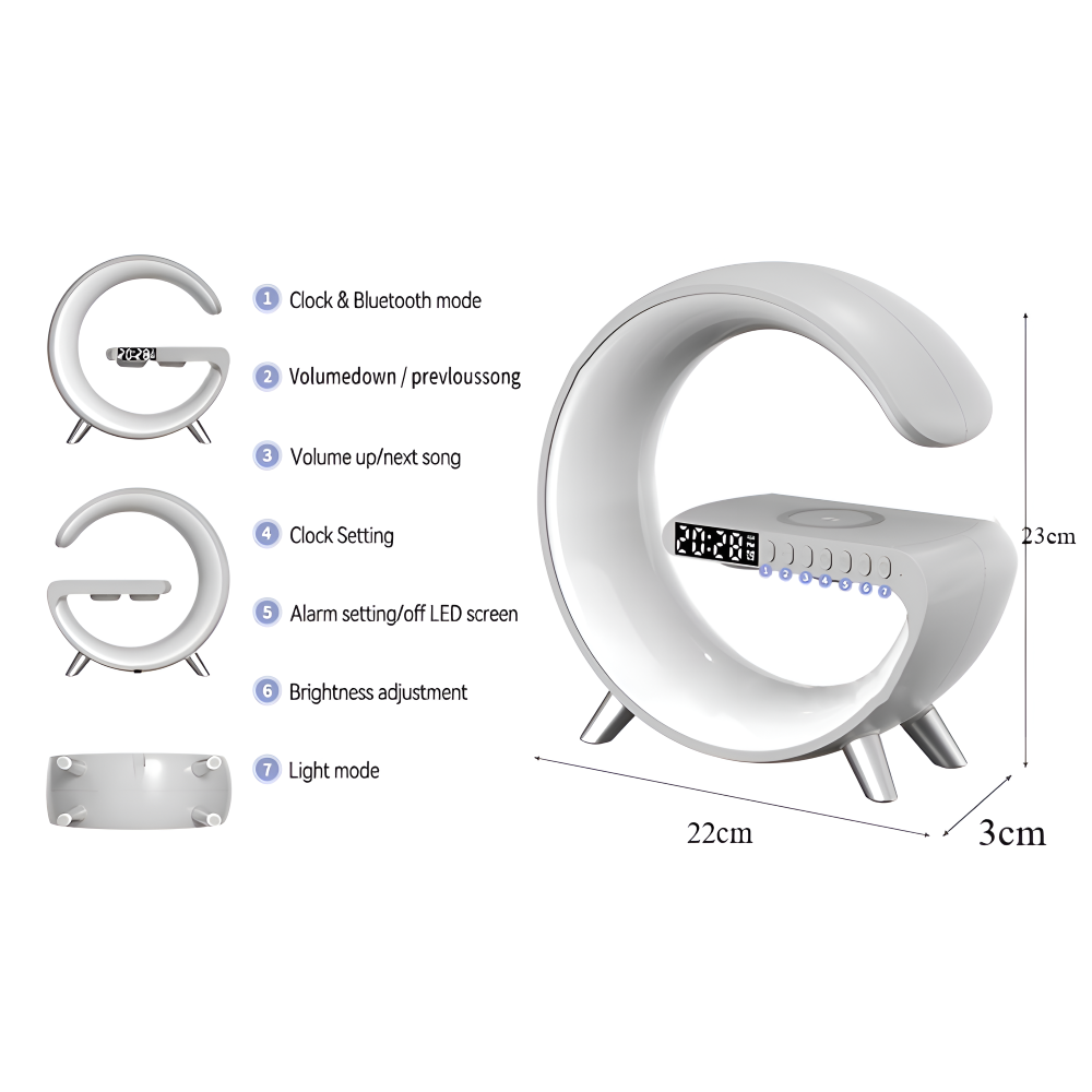 SmartiShine - Stylisches G-förmiges Nachtlicht - Multifunktionale Kabellose Ladestation mit Uhr