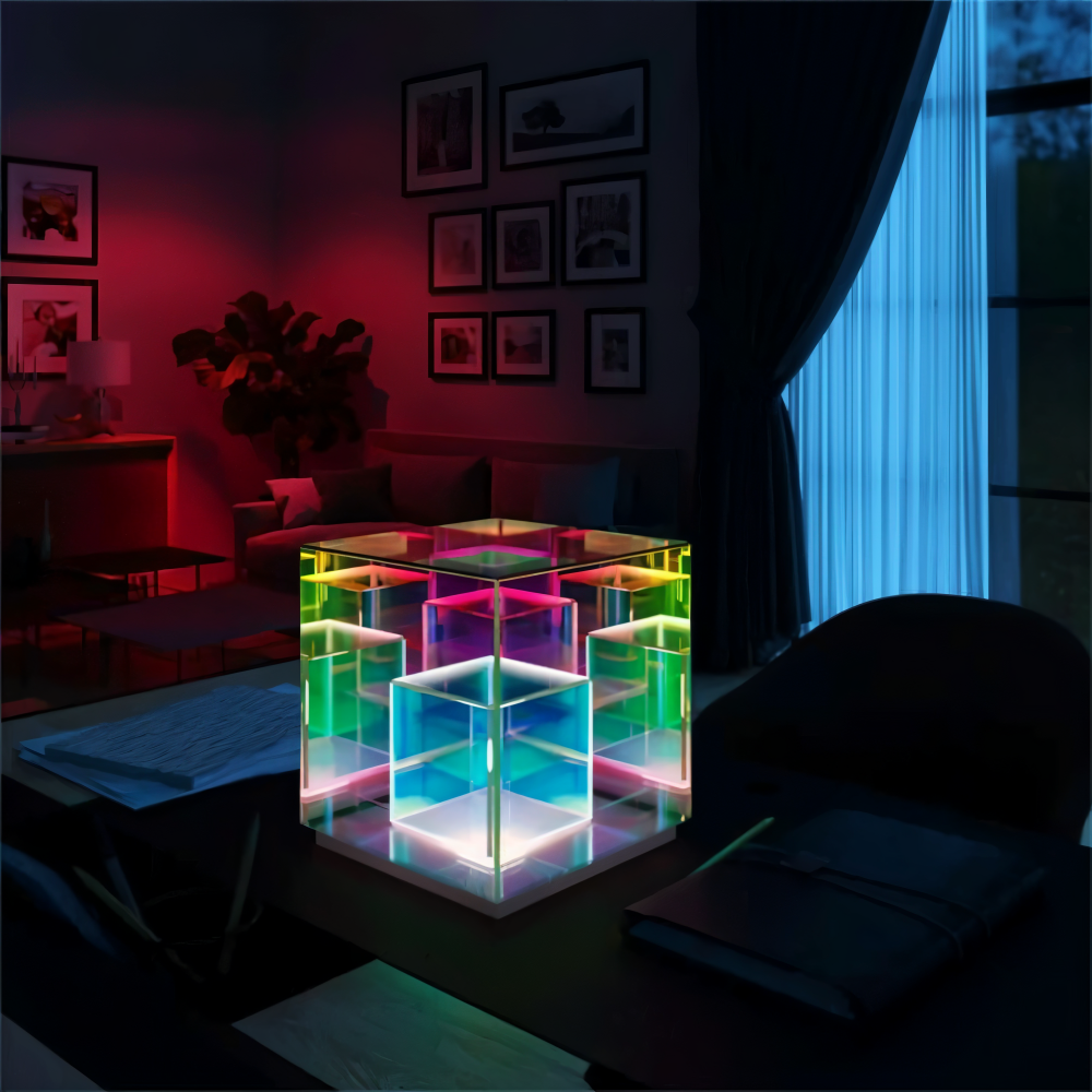 Spectra-Cube Tischlampe - Regenbogen Acryl LED Lampe mit Faszinierender 3D Illusion