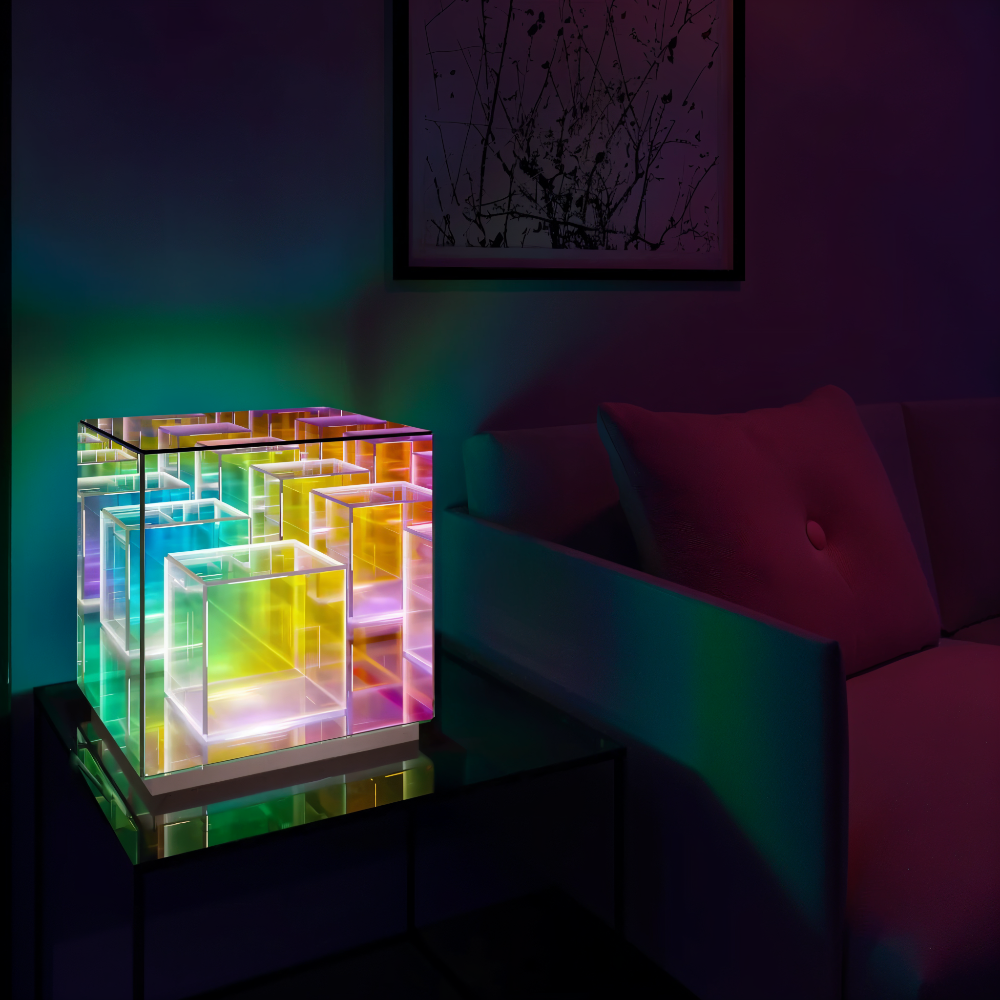 Spectra-Cube Tischlampe - Regenbogen Acryl LED Lampe mit Faszinierender 3D Illusion