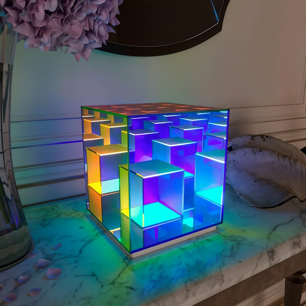 Spectra-Cube Tischlampe - Regenbogen Acryl LED Lampe mit Faszinierender 3D Illusion