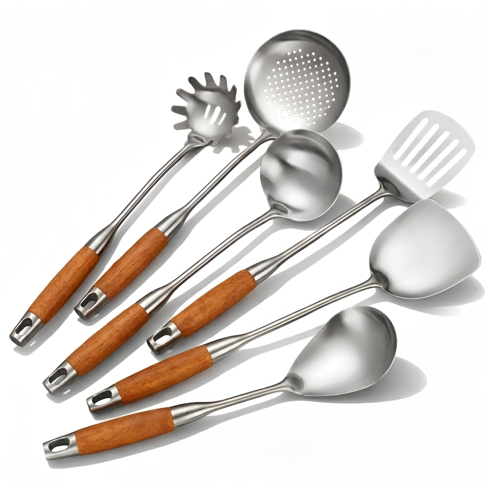 Küchenhelfer-Set Edelstahl Silber 6-teilig - Kochbesteck mit Holzgriff - Inkl. Pfannenwender, Suppenkelle & Nudelheber