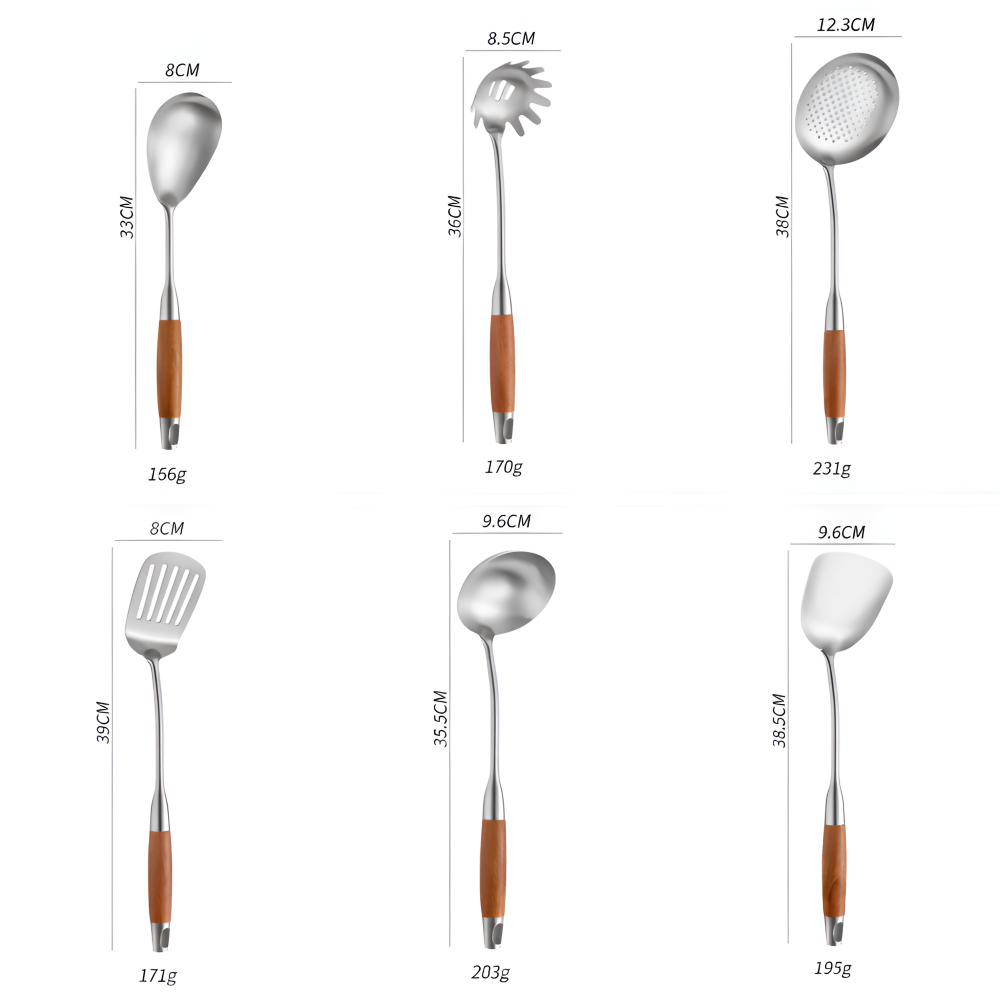 Küchenhelfer-Set Edelstahl Silber 6-teilig - Kochbesteck mit Holzgriff - Inkl. Pfannenwender, Suppenkelle & Nudelheber
