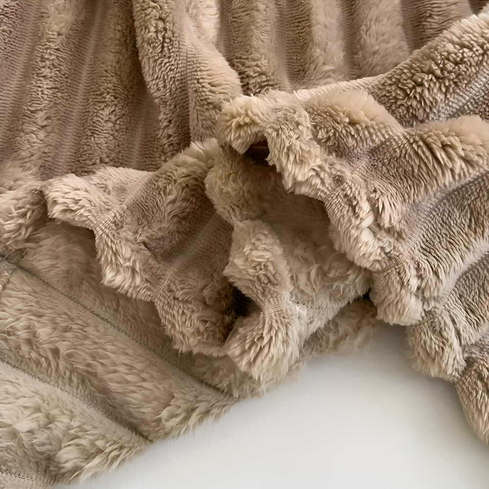 StripyFaux Plaid - Dicke Gerippte Plüschdecke Grau Camel Fleece Decke - Weiche Kuscheldecke