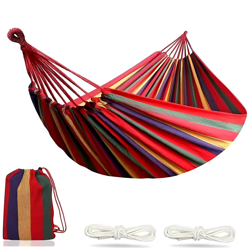 Robuste Outdoor Hängematte 260x100cm, Blau/Rot – Reisehängematte inkl. Gurte & Tasche