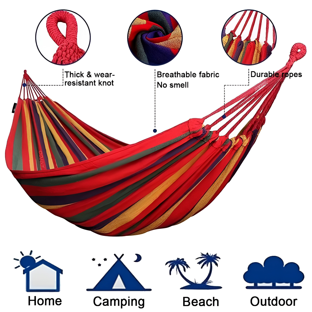 Robuste Outdoor Hängematte 260x100cm, Blau/Rot – Reisehängematte inkl. Gurte & Tasche