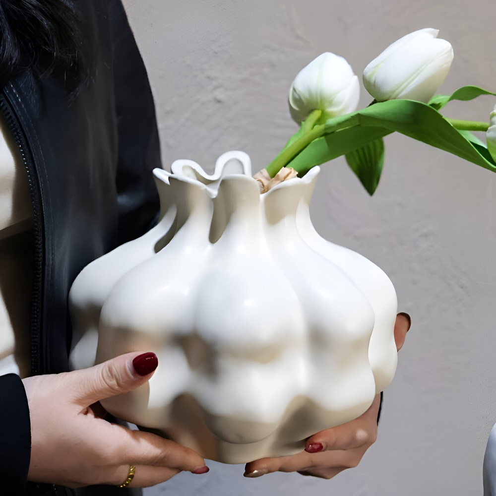 Stilvolle Cremefarbene Granatapfel Vase aus Keramik – Kunstvolle Wohnraumdekoration