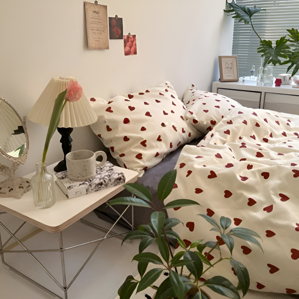 Bettwäsche-Set mit Herzen in verschiedenen Größen - Komplettes 3/4-teiliges Set inklusive Bettlaken