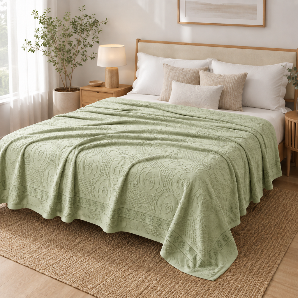 Tagesdecke Grün 100% Baumwolle – Atmungsaktiver Bettüberwurf mit Blumenmuster für Schlafzimmer