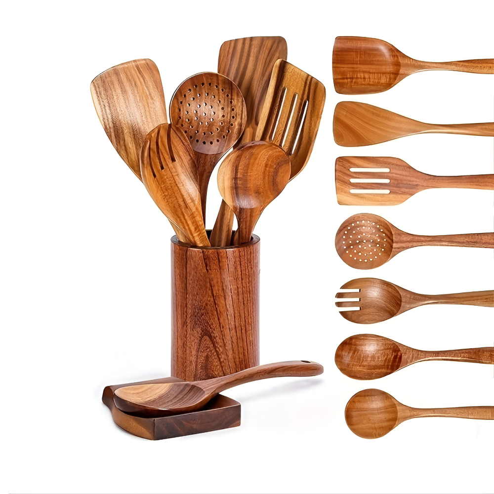 Teakholz Küchenhelfer Set - 9-tlg. mit Halter & Löffelablage – Kochlöffel & Pfannenwender