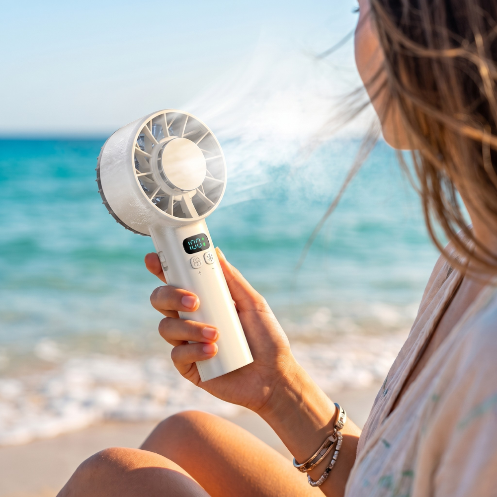Tragbarer Handventilator – Wiederaufladbarer USB-Lüfter in Weiß für Reisen und Outdoor mit 100 Windgeschwindigkeiten