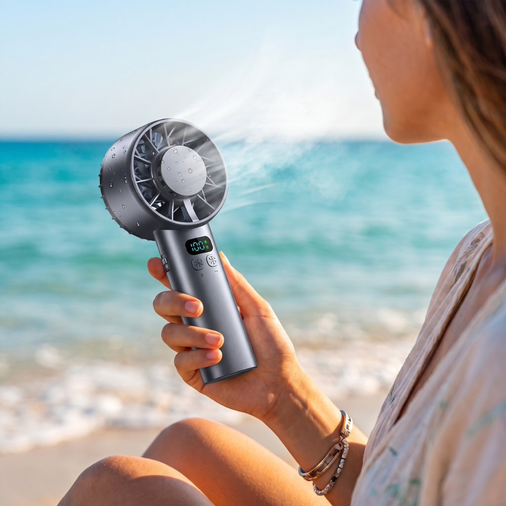 Tragbarer Handventilator – Wiederaufladbarer USB-Lüfter in Weiß für Reisen und Outdoor mit 100 Windgeschwindigkeiten