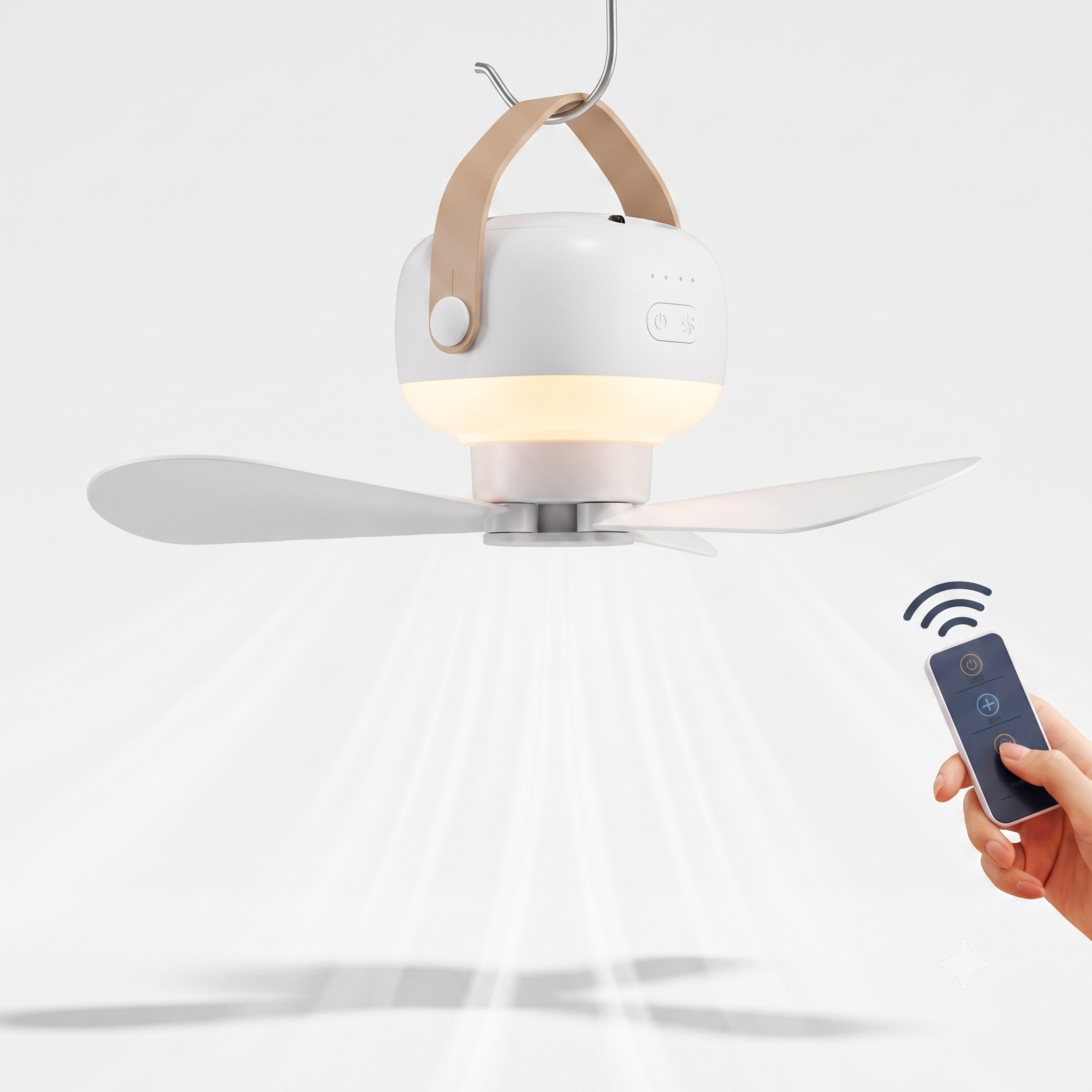 Tragbarer Camping Ventilator mit LED Licht Fernbedienung USB Akku Zelt Deckenventilator Weiß