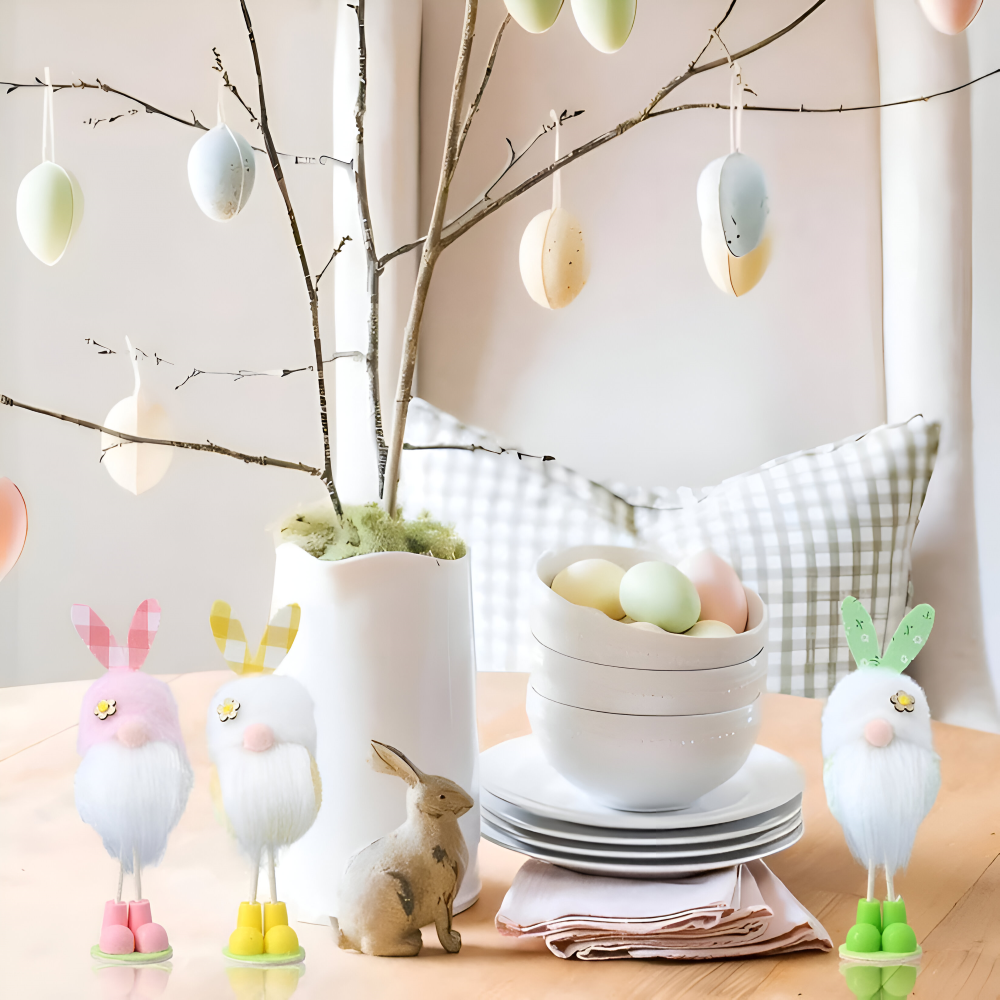 TriElf - Drei Osterzwerge mit Hasenohren - Bunter stehender Wichtel für Osterdeko