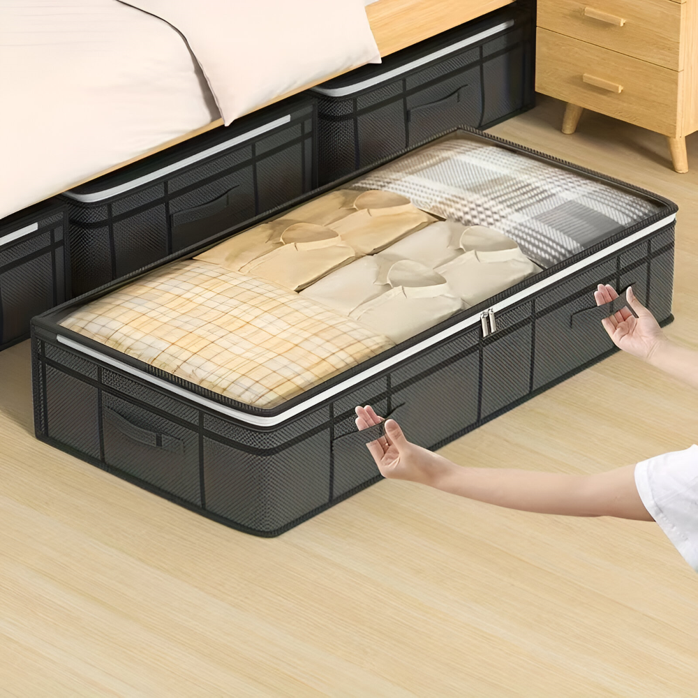 Unterbett-Aufbewahrungsbox mit Transparentem Deckel - Stofftasche für Kleidung & Bettwäsche, Grau, Größe M