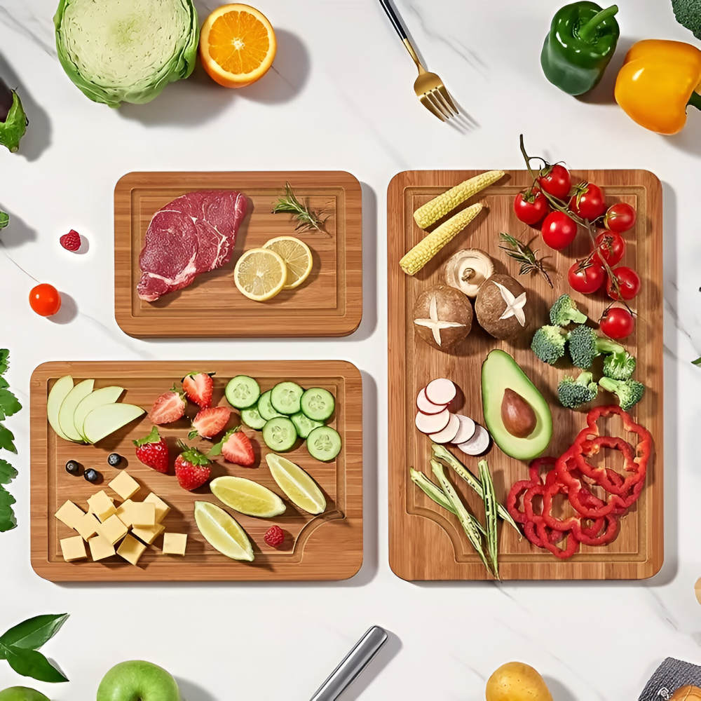 Vielseitiges Bambus Schneidebrett-Set - 3-teiliges Set für Fleisch, Gemüse und Obst
