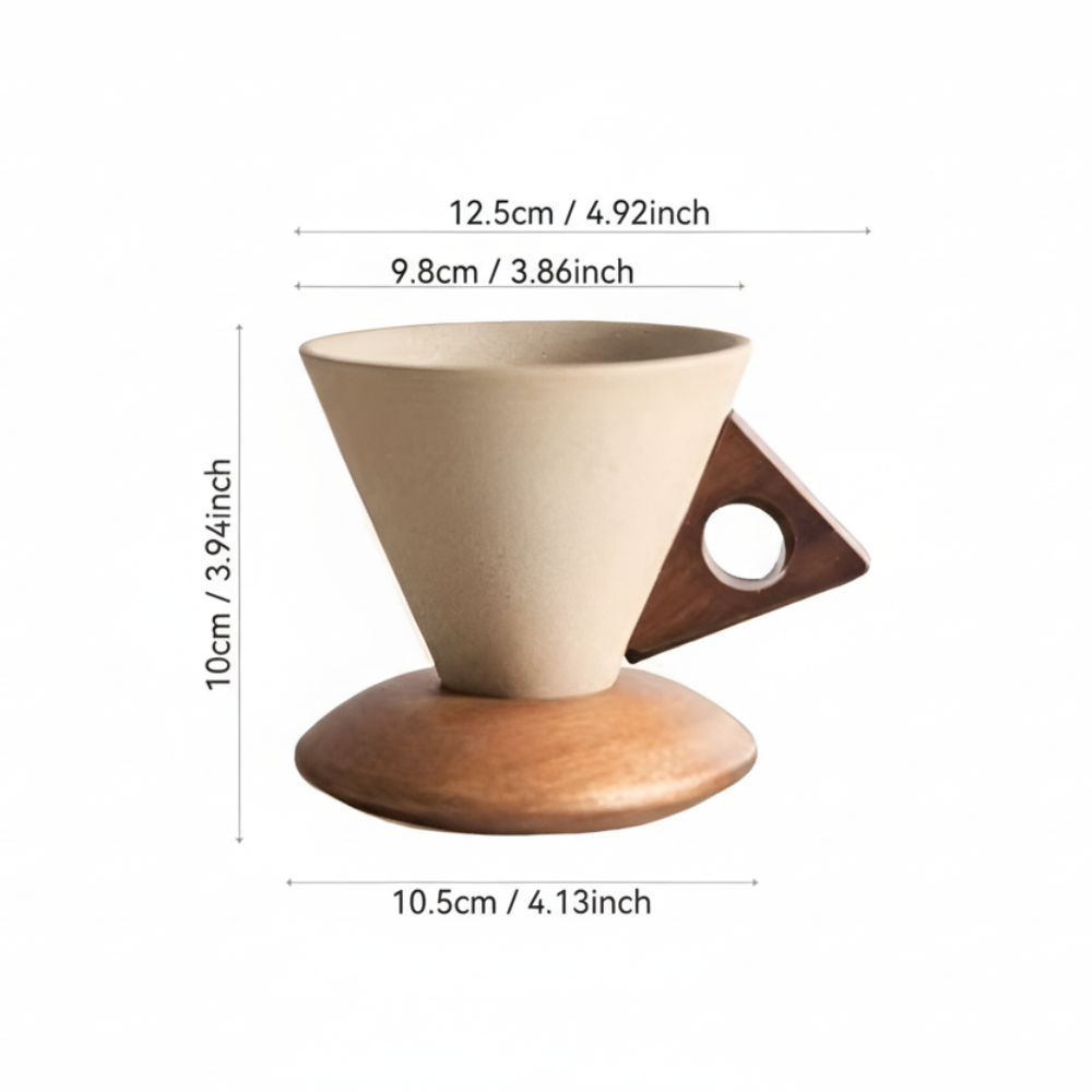 Vintage Keramik Kaffeetassen Set mit Holzgriff – 200ml Espresso Tassen & Untertassen, Kegelform, Retro Design
