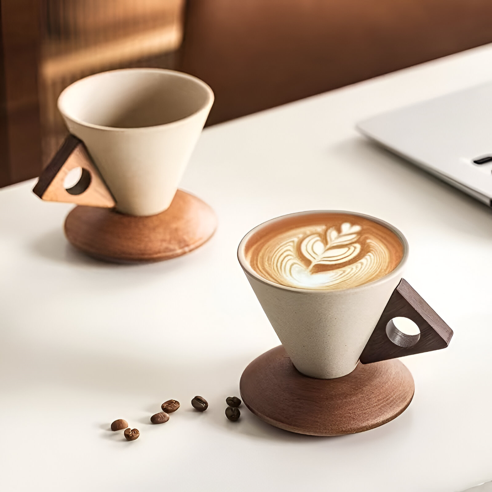 Vintage Keramik Kaffeetassen Set mit Holzgriff – 200ml Espresso Tassen & Untertassen, Kegelform, Retro Design