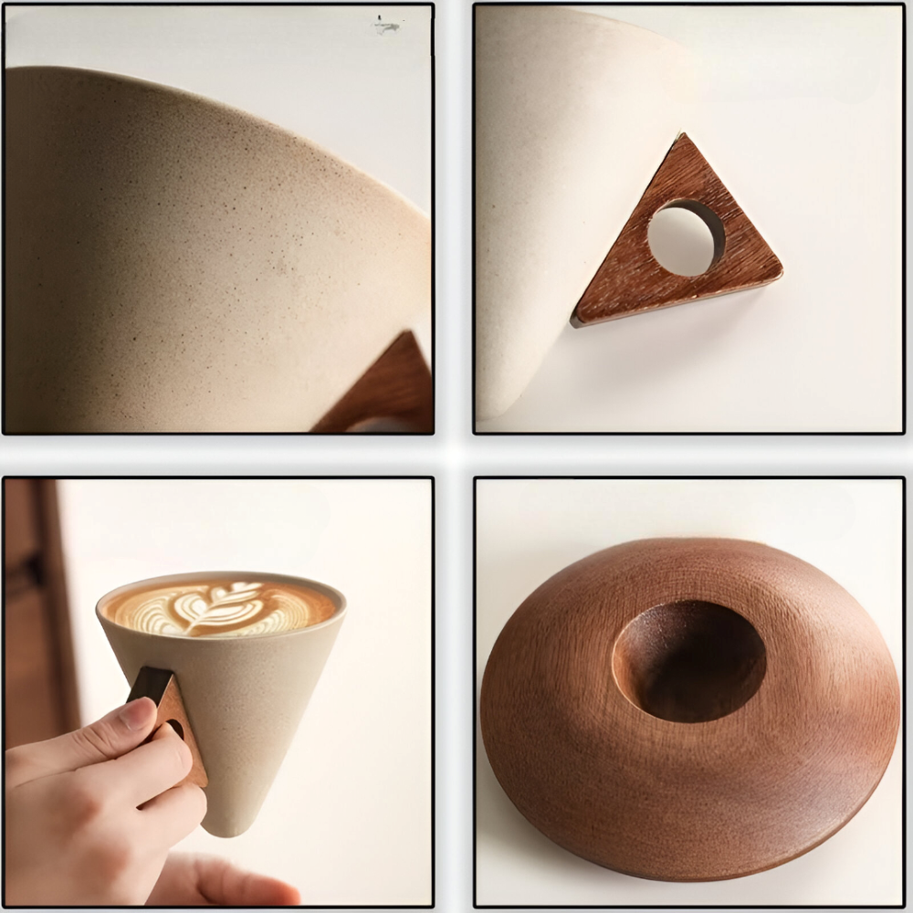 Vintage Keramik Kaffeetassen Set mit Holzgriff – 200ml Espresso Tassen & Untertassen, Kegelform, Retro Design