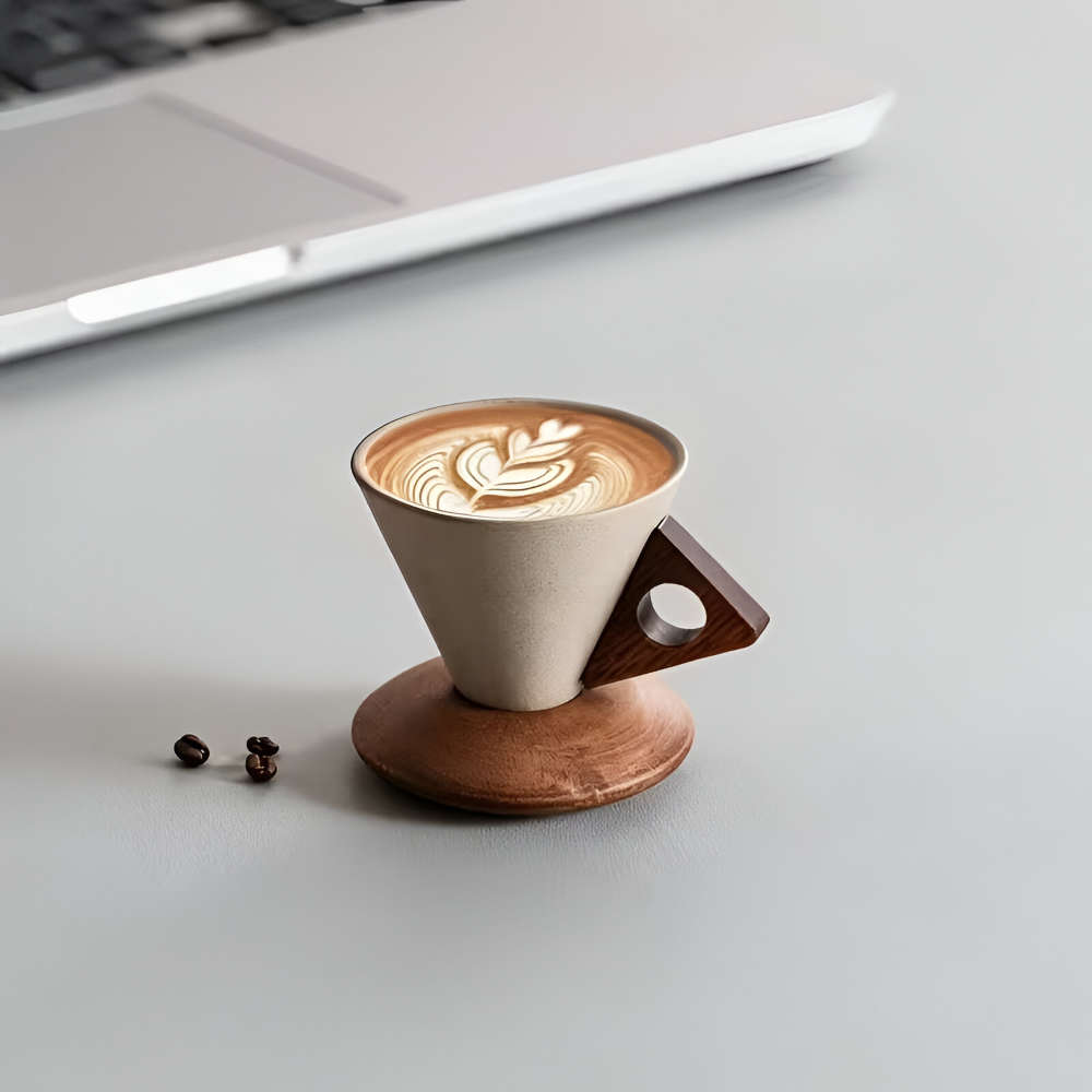 Vintage Keramik Kaffeetassen Set mit Holzgriff – 200ml Espresso Tassen & Untertassen, Kegelform, Retro Design