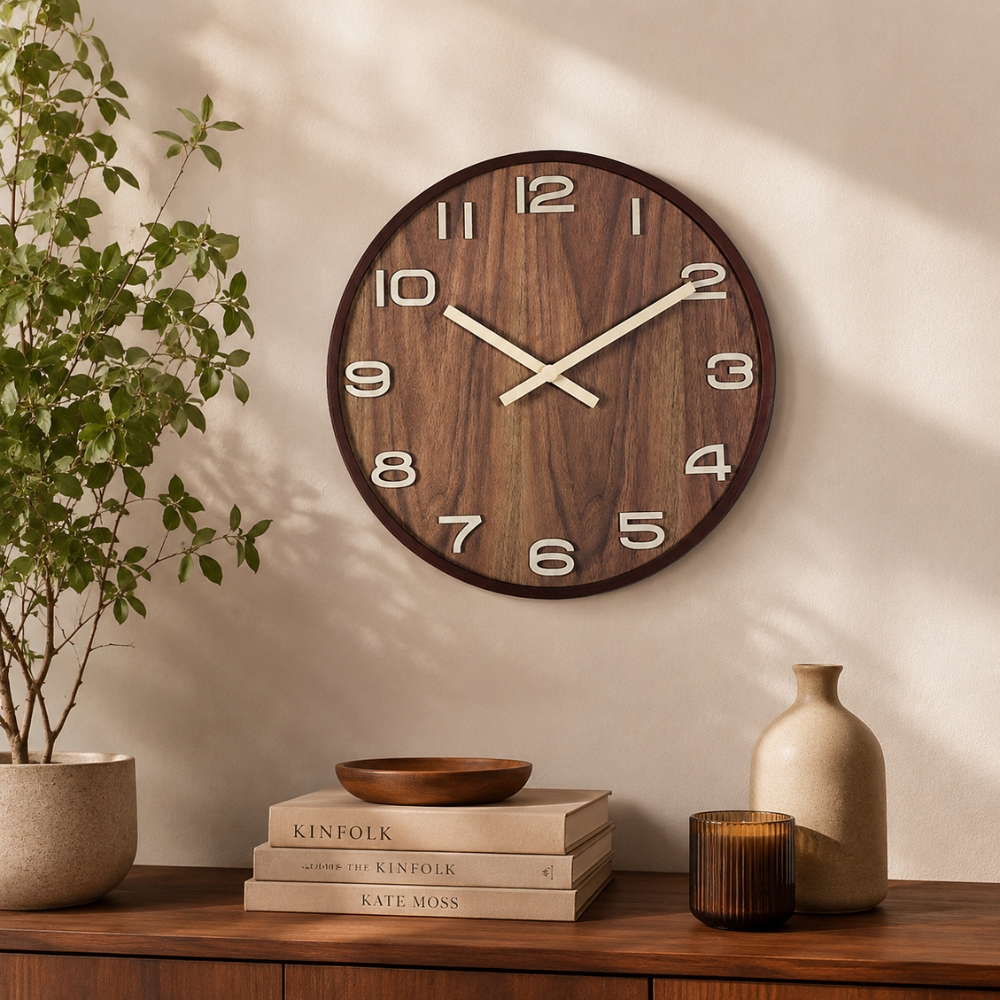 Wandklok Holzoptik Rund – Minimalistische Wanduhr im Walnuss Design für Wohnzimmer, Küche & Büro