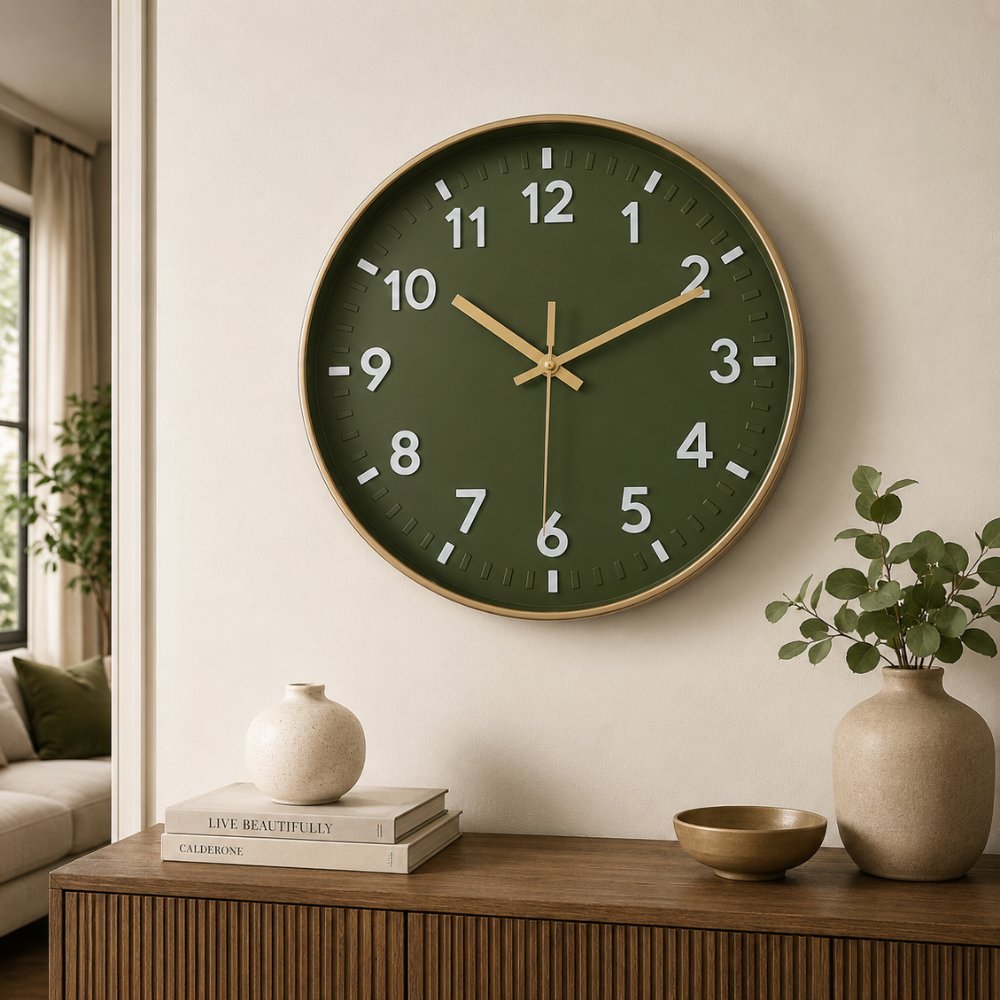 Wanduhr Grün Geräuschlos – Moderne Runde Quarzuhr mit Goldrand für Wohnzimmer, Küche & Schlafzimmer
