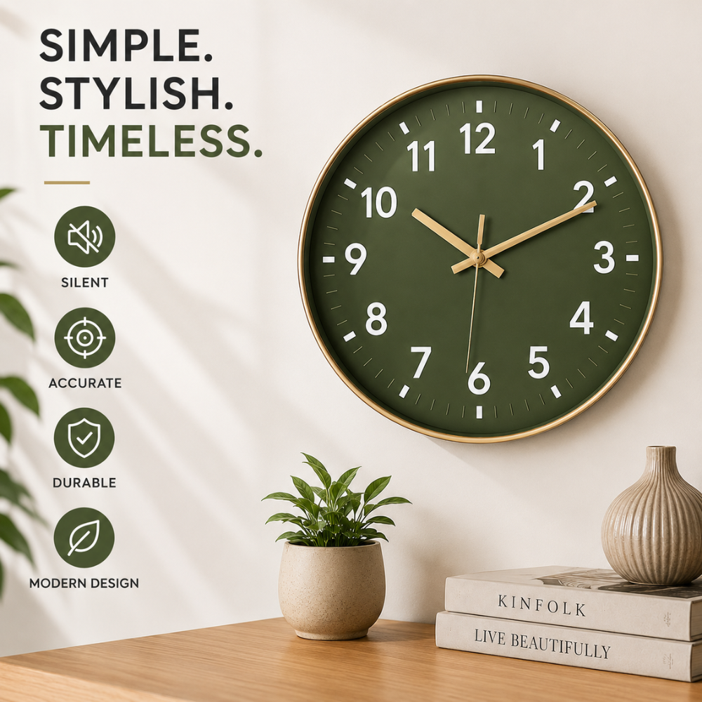 Wanduhr Grün Geräuschlos – Moderne Runde Quarzuhr mit Goldrand für Wohnzimmer, Küche & Schlafzimmer