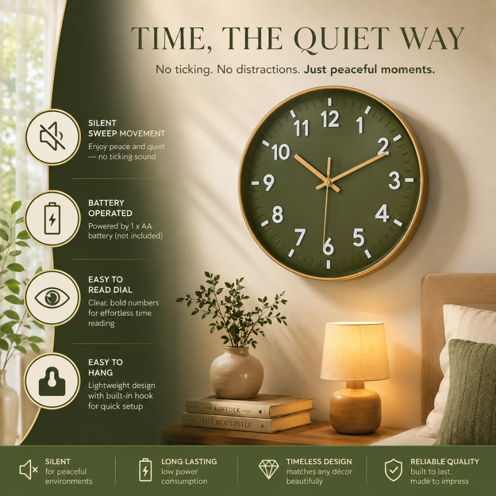 Wanduhr Grün Geräuschlos – Moderne Runde Quarzuhr mit Goldrand für Wohnzimmer, Küche & Schlafzimmer