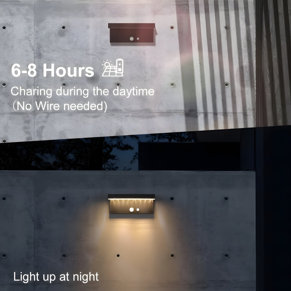 Wetterfeste Solar Wandleuchte mit Bewegungsmelder - 3 Beleuchtungsmodi, LED Gartenbeleuchtung für Wege und Eingänge, Langlebiges Aluminiumdesign, Schwarze Ausführung