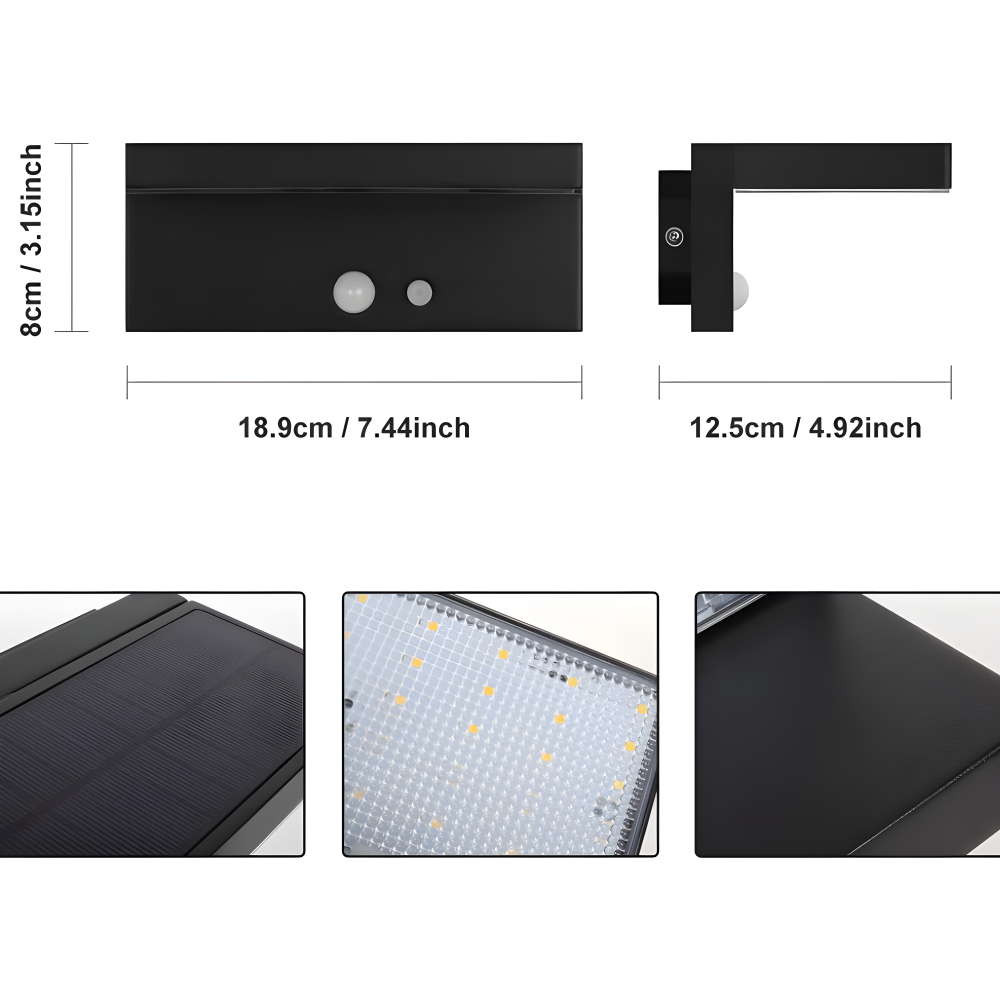 Wetterfeste Solar Wandleuchte mit Bewegungsmelder - 3 Beleuchtungsmodi, LED Gartenbeleuchtung für Wege und Eingänge, Langlebiges Aluminiumdesign, Schwarze Ausführung
