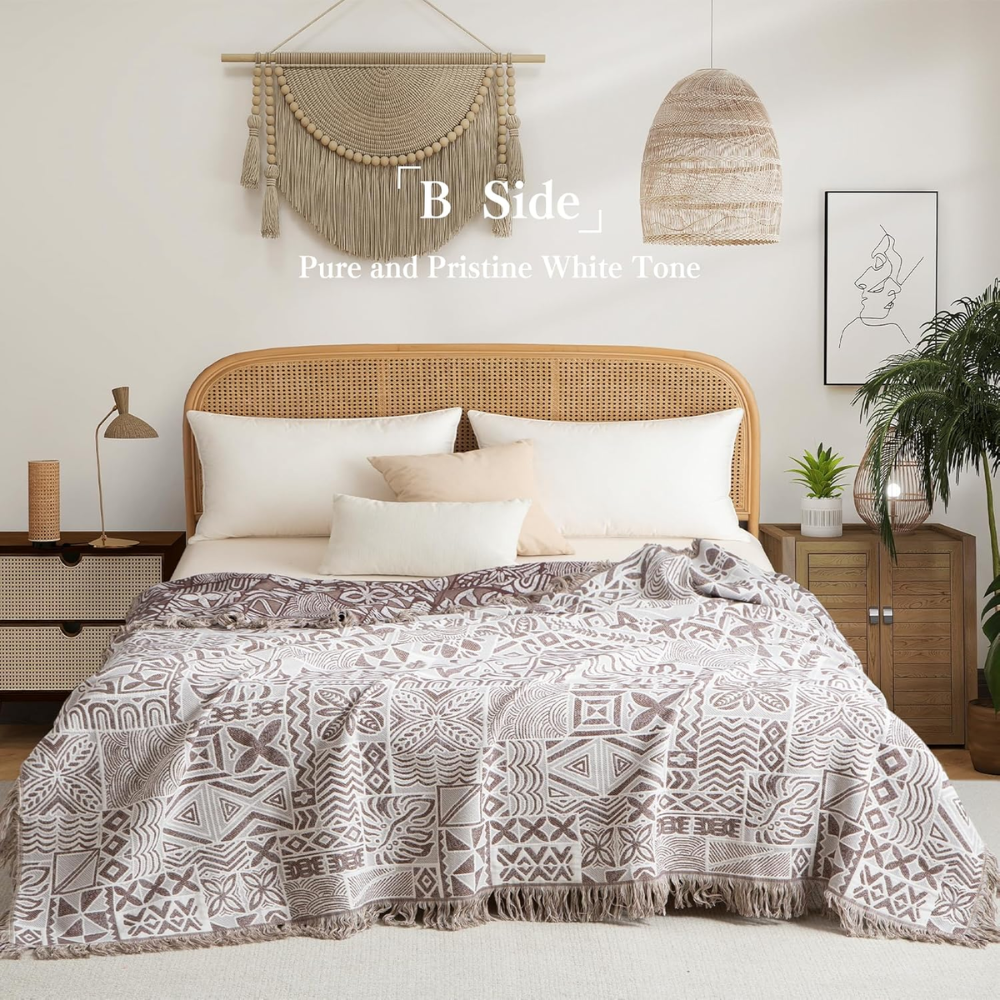 Wendbare Boho Baumwolldecke – Ethno Bettüberwurf mit Fransen für Schlafzimmer, Sofa & Couch
