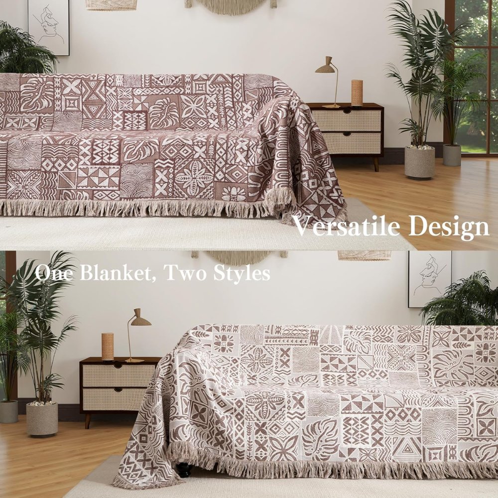 Wendbare Boho Baumwolldecke – Ethno Bettüberwurf mit Fransen für Schlafzimmer, Sofa & Couch