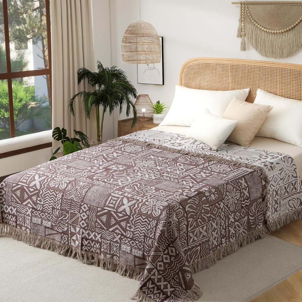Wendbare Boho Baumwolldecke – Ethno Bettüberwurf mit Fransen für Schlafzimmer, Sofa & Couch
