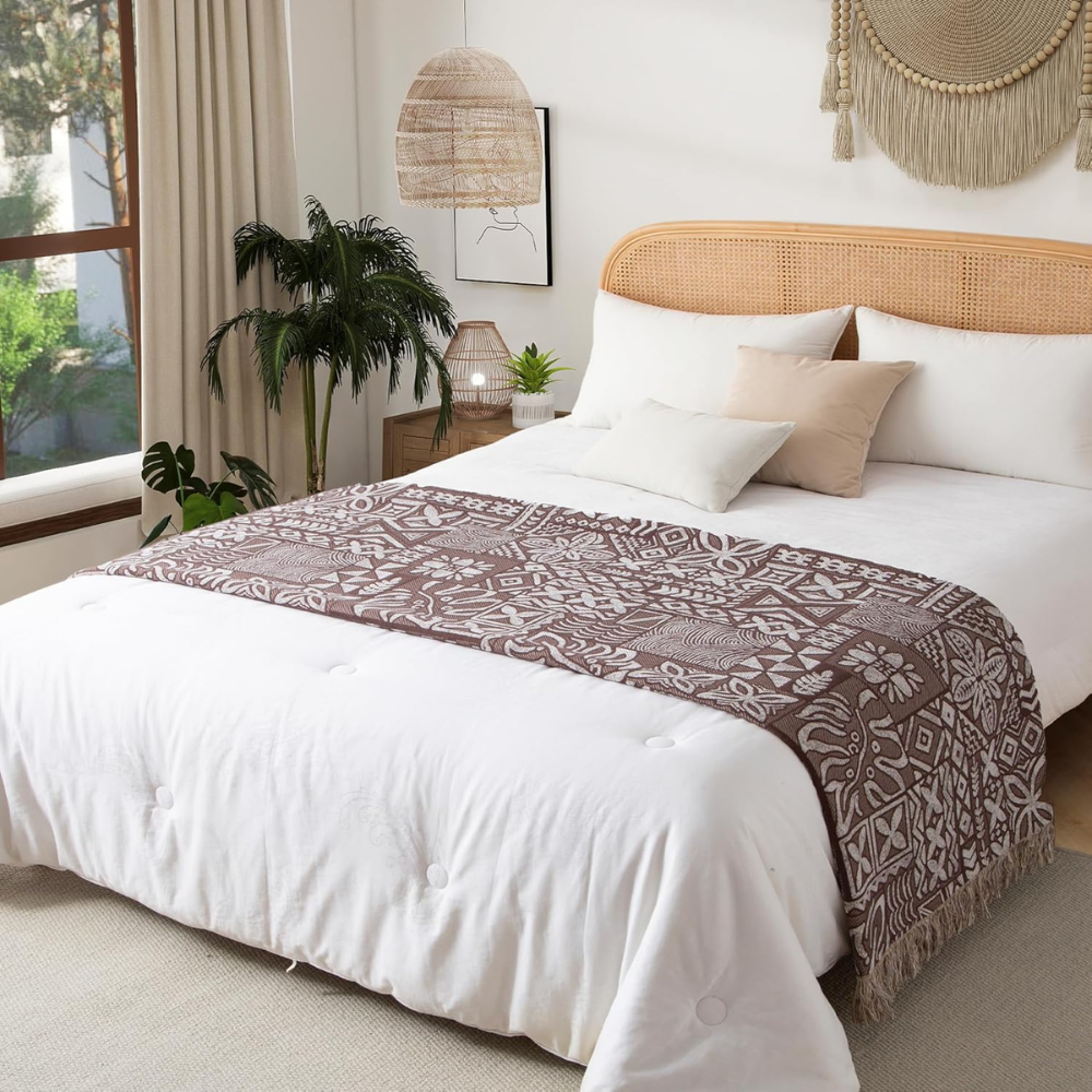 Wendbare Boho Baumwolldecke – Ethno Bettüberwurf mit Fransen für Schlafzimmer, Sofa & Couch