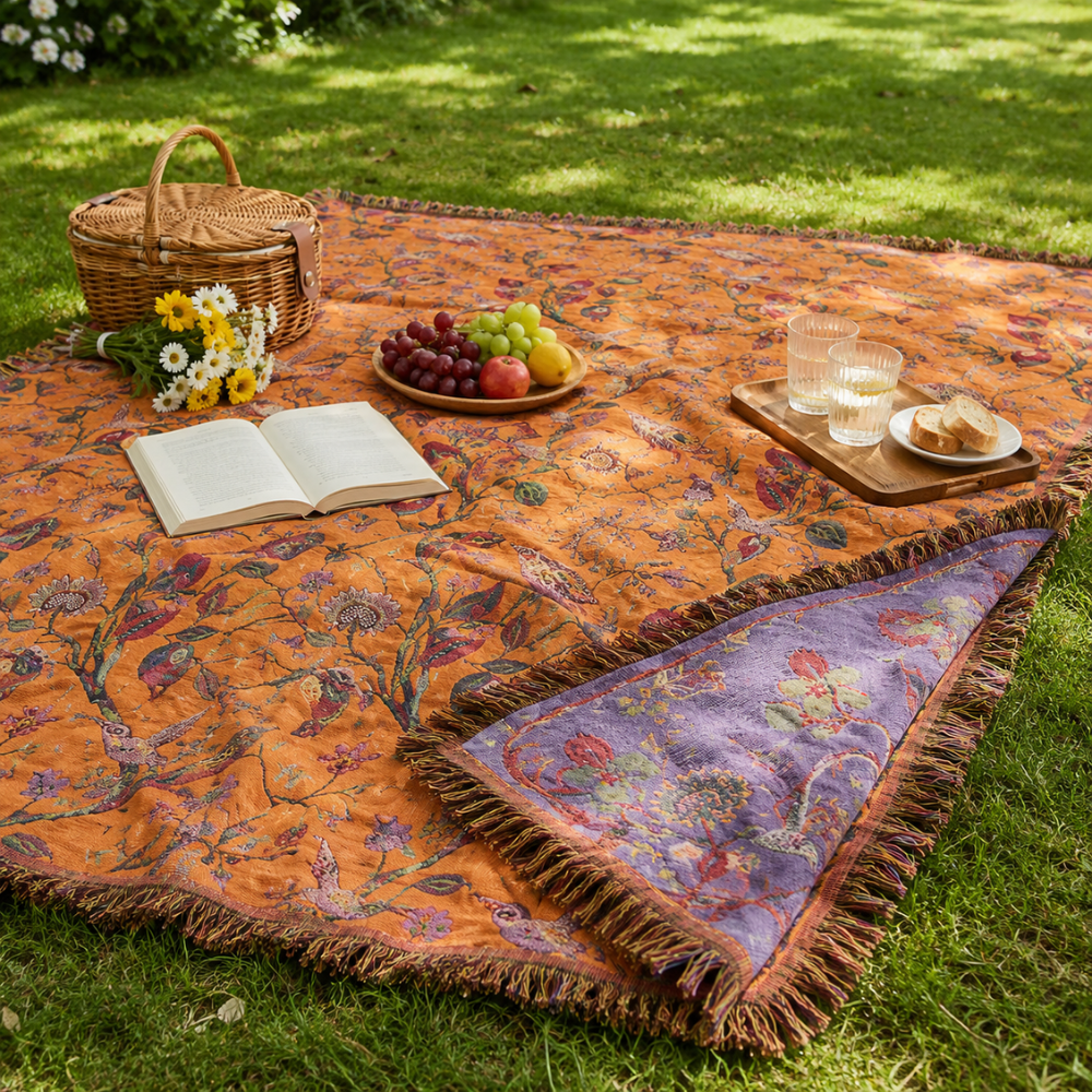 Wendbare Tagesdecke mit Blumen- & Vogelmuster – Weiche Überwurfdecke mit Fransen für Bett, Sofa & Wohnzimmer