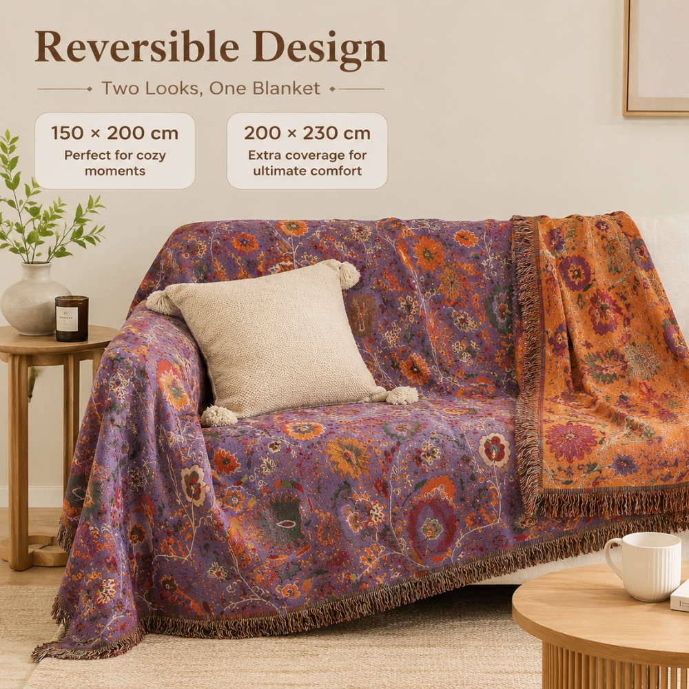 Wendbare Tagesdecke mit Blumen- & Vogelmuster – Weiche Überwurfdecke mit Fransen für Bett, Sofa & Wohnzimmer