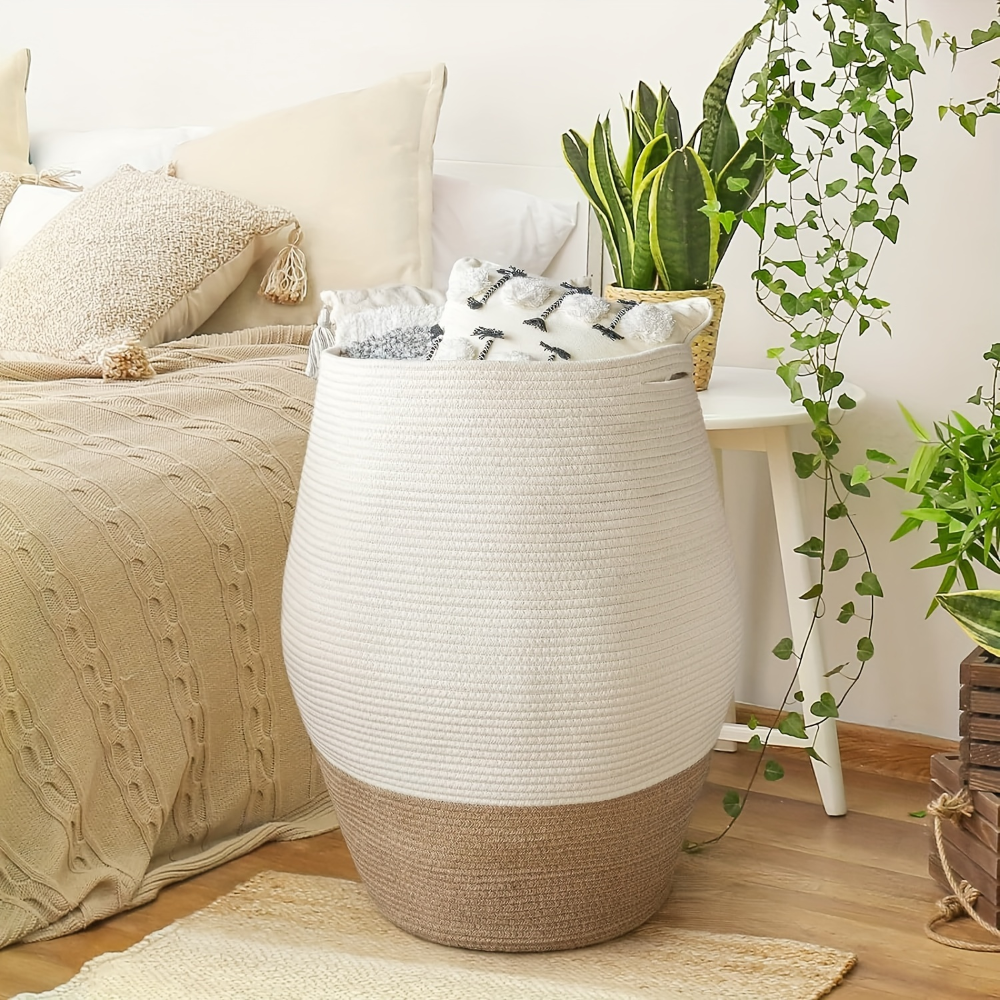 Boho Wäschekorb Handgewebt Baumwolle - XL Aufbewahrungskorb Faltbar mit Griff, 45x65 cm