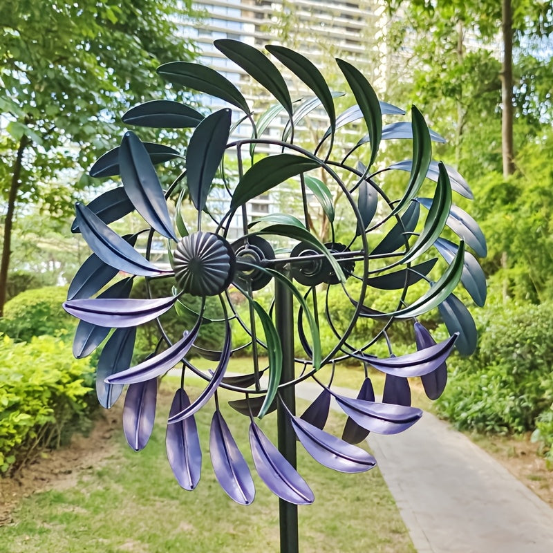 Metall Windspinner für Garten – Kinetische Gartenstecker Deko mit Lila-Blauen Blättern für Rasen, Terrasse & Balkon